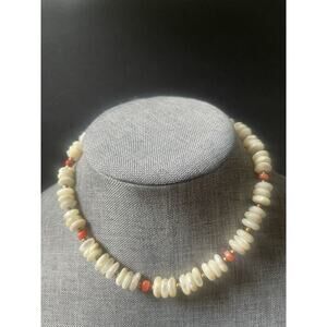 Vintage Mother of Pearl Coral Bead 16” Necklace Coastal Resort Beachy Casual